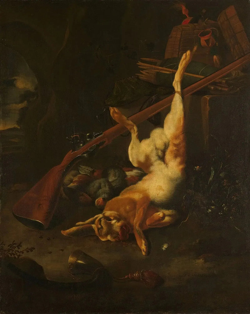 En jägarkasse med en död hare - Melchior de Hondecoeter