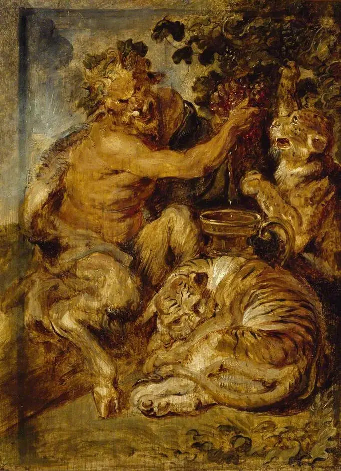 En satyr som pressar druvor med en tiger och en leopard - Peter Paul Rubens