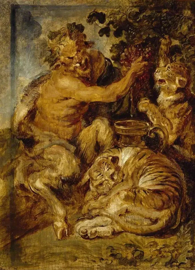 En satyr som pressar druvor med en tiger och en leopard - Peter Paul Rubens