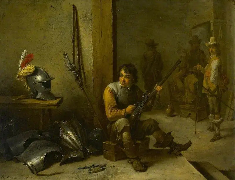 En soldat som rengör ett flintlåsförråd i ett vaktkammare, en rustning bredvid honom och soldater i bakgrunden - David Teniers den yngre