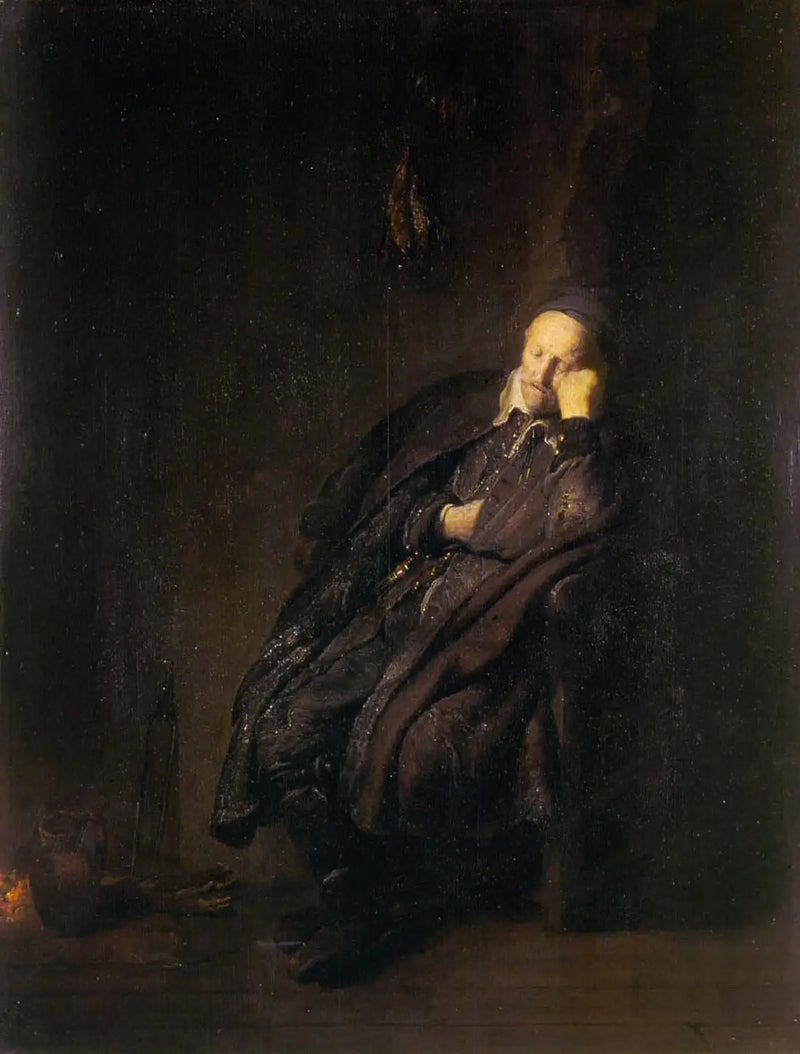 En gammal man sover nära - Rembrandt