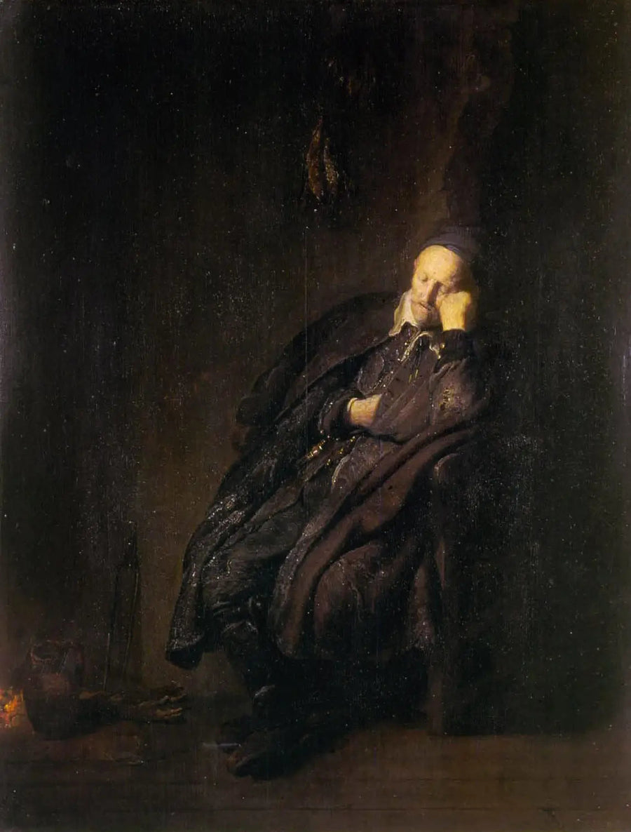 En gammal man sover nära - Rembrandt