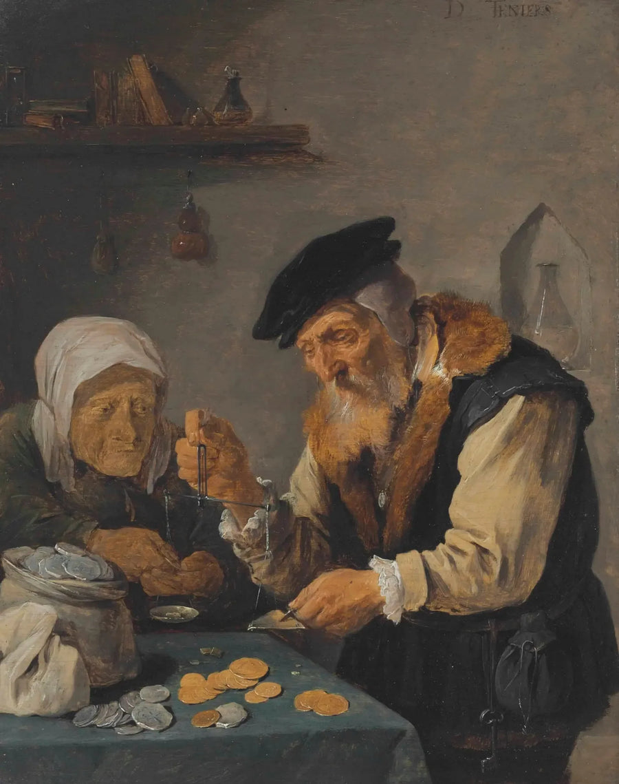 En gammal man och en gammal kvinna väger mynt - David Teniers den yngre