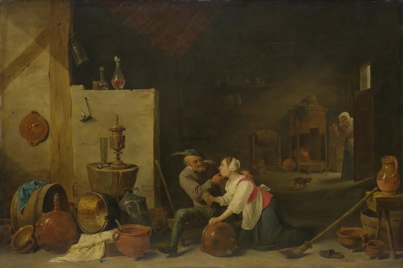 En gammal bonde klappar en köksslav i ett stall - David Teniers den yngre