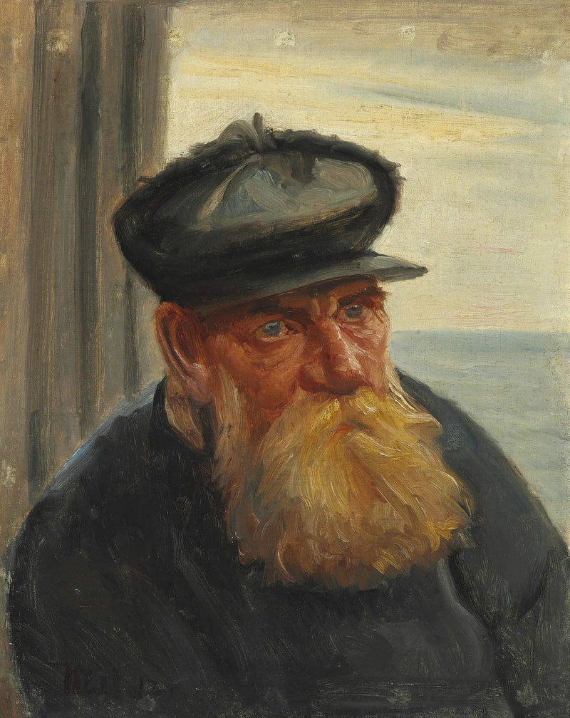 Un vieux pêcheur dans l'embrasure d'une porte, la mer en arrière-plan, Skagen - Michael Peter Ancher