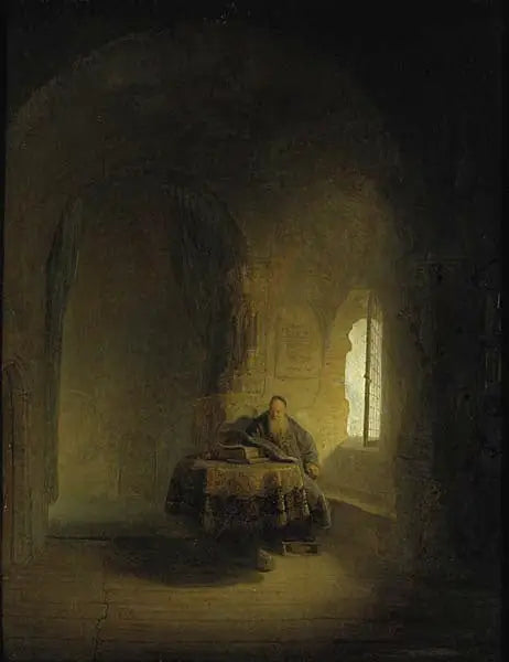 En gammal lärd vid ett fönster i ett valvliknande rum - Rembrandt