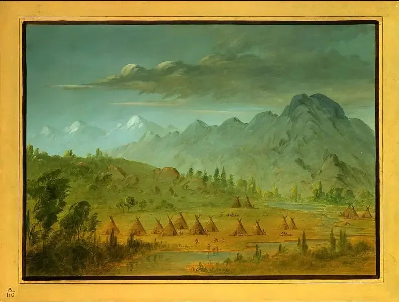 En by med korpar och bergen vid Salmonfloden - George Catlin
