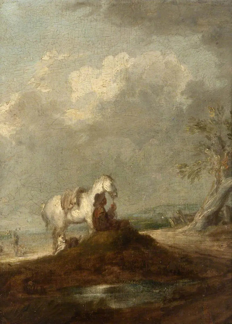 En resenär som sitter på en landsväg, håller en vit häst - Thomas Gainsborough