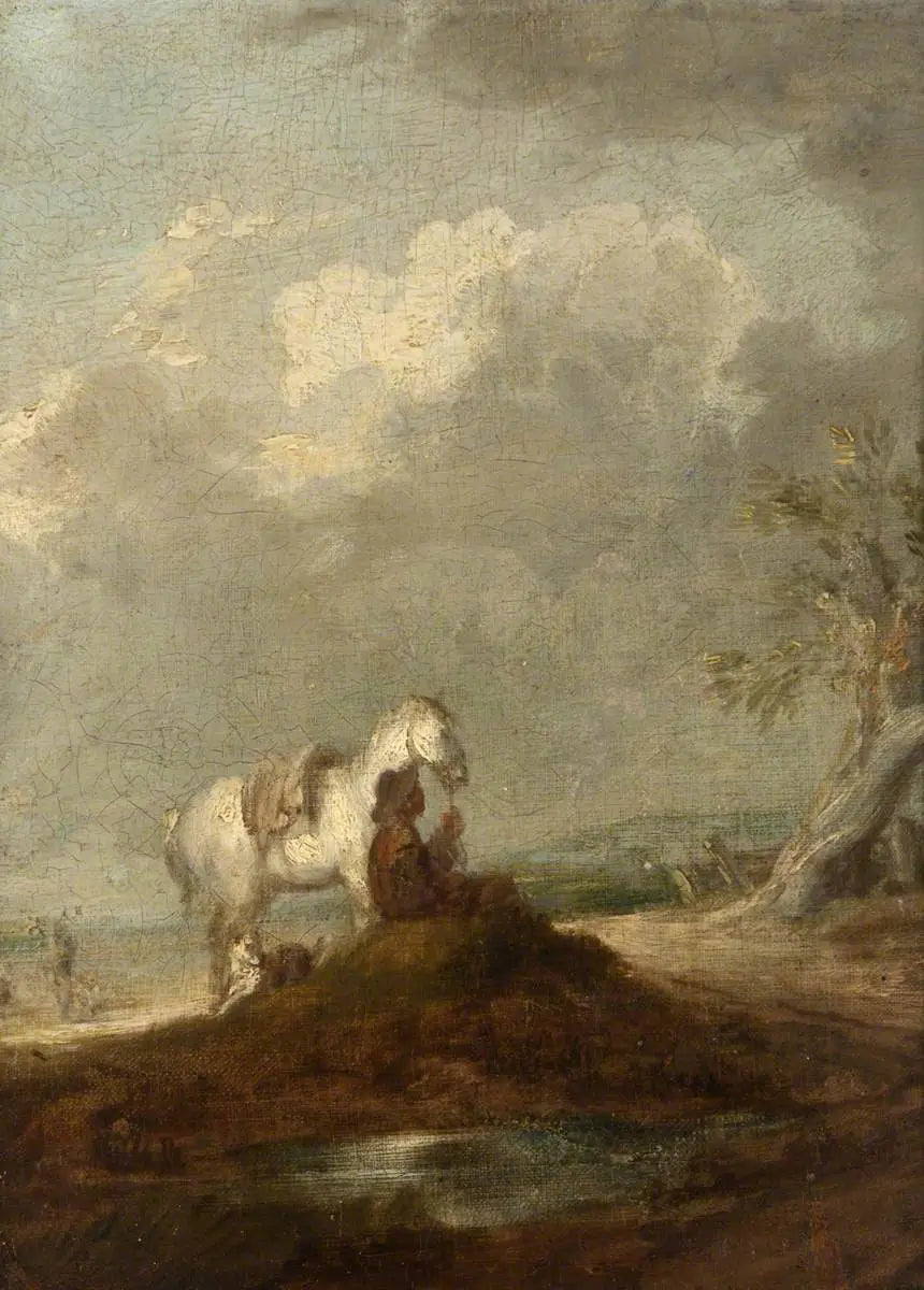 En resenär som sitter på en landsväg, håller en vit häst - Thomas Gainsborough