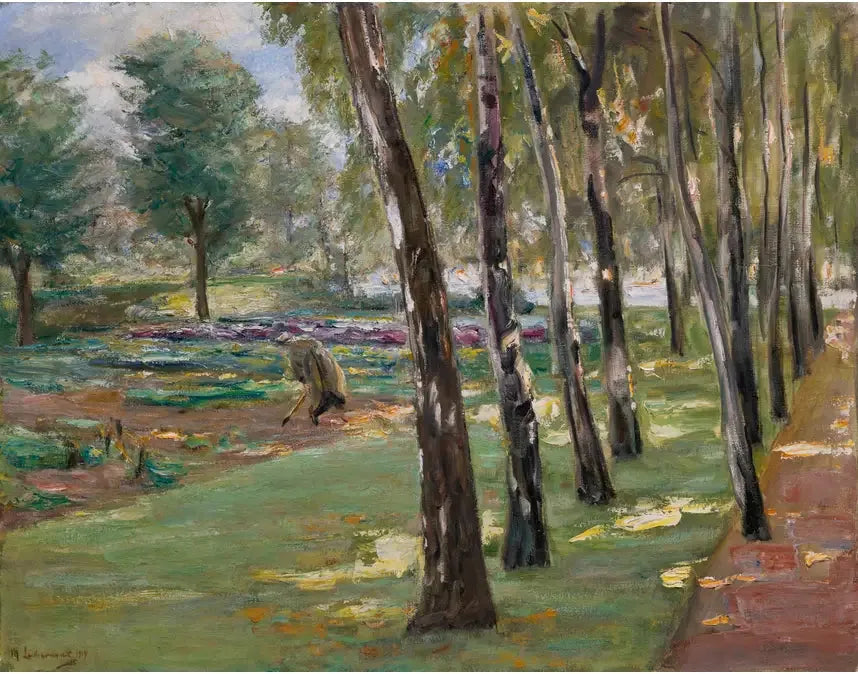 En allé av björkar i Wannsee-trädgården, utsikt över ett kålfält - Max Liebermann