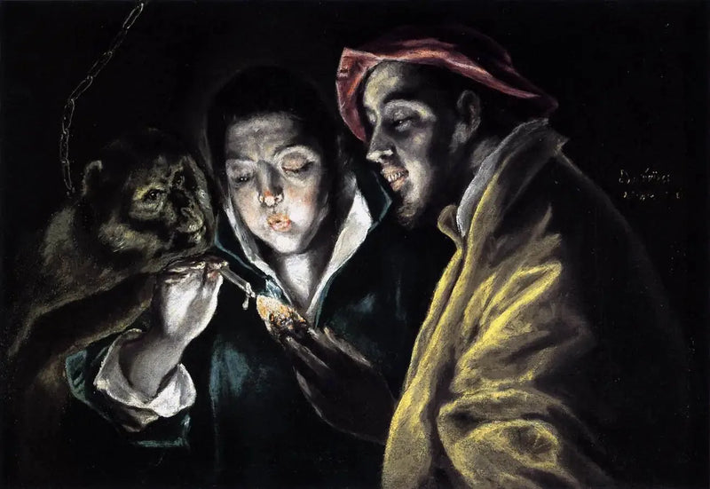 En allegori med en pojke som tänder ett ljus tillsammans med en apa och en galning - El Greco