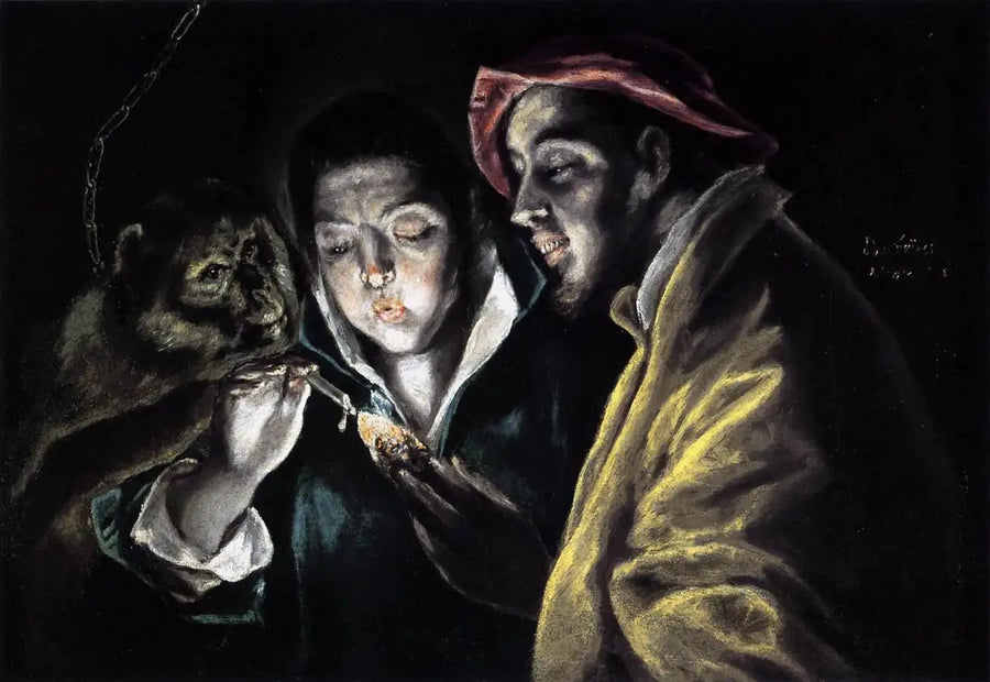 En allegori med en pojke som tänder ett ljus tillsammans med en apa och en galning - El Greco