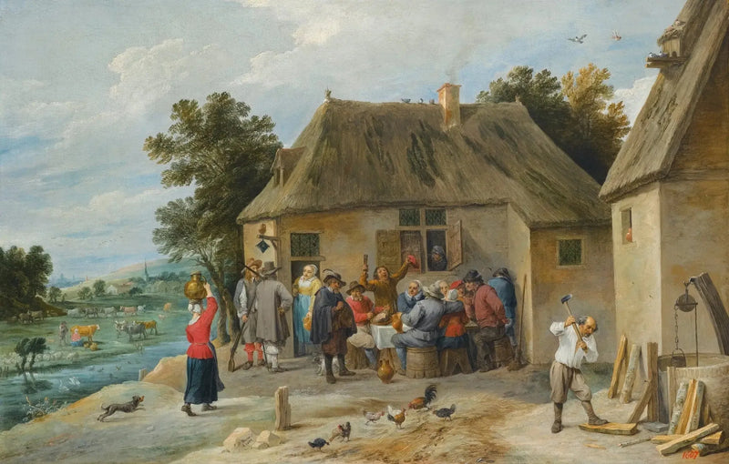 En landsbypub, med värden som hugger ved - David Teniers den yngre