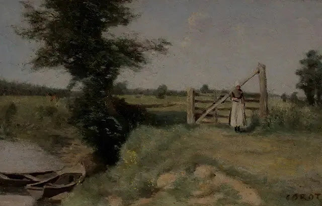 En barriär på ängarna vid kanten av en kanal. Runt Abbeville - Jean-Baptiste Camille Corot