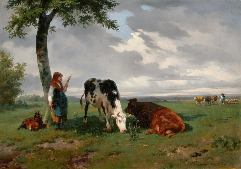 En bergskulla med en get och två kor på en äng - Rosa Bonheur