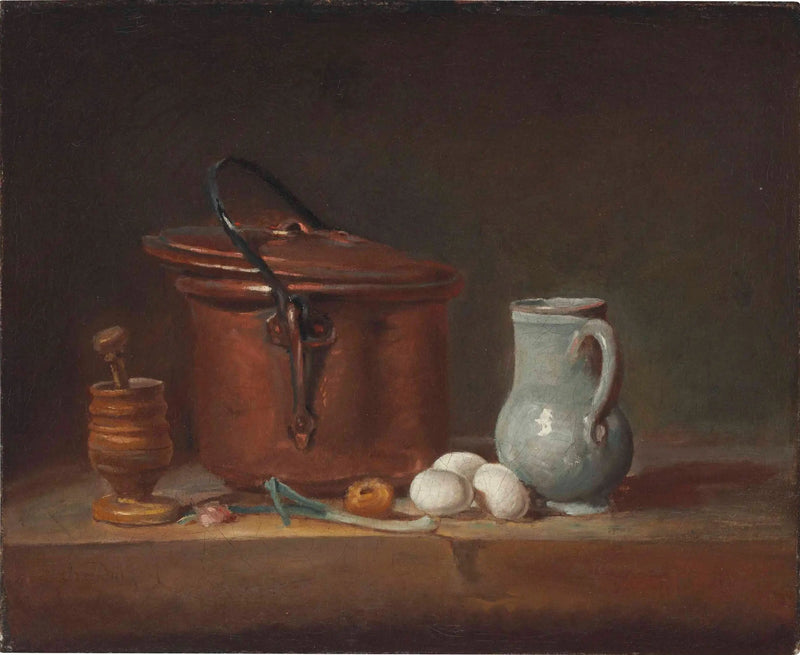En kopparkastrull, en mortel och en stöt, en kanna, en salladslök, ägg och en lök på ett hyllplan - Jean Siméon Chardin