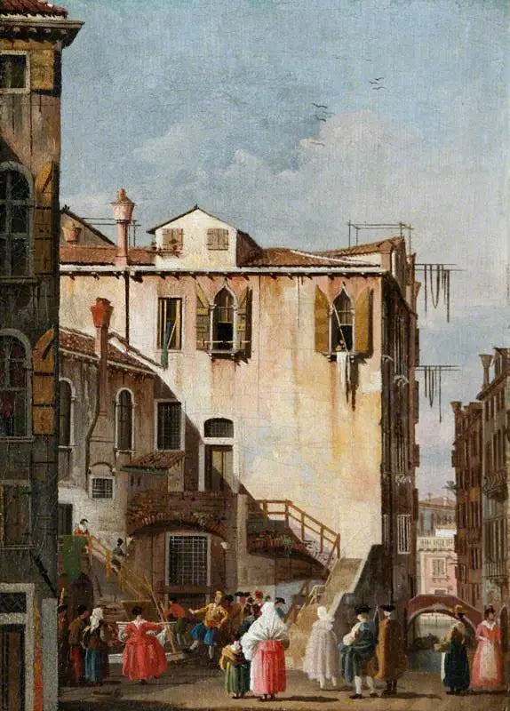 En gård i Venedig med en man och en kvinna som dansar - Canaletto