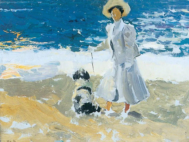 En dam och en hund på stranden - Joaquín Sorolla