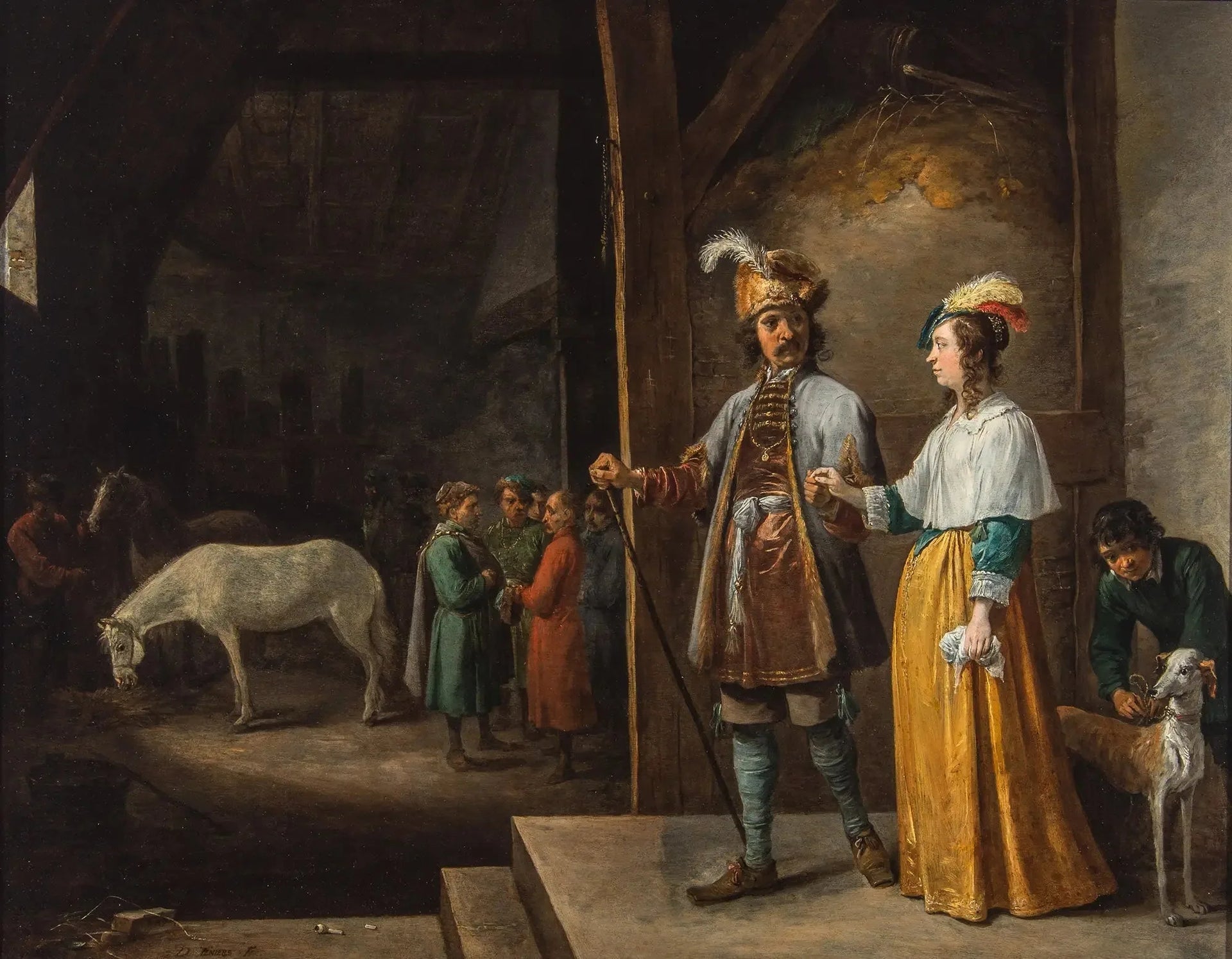 Une dame et un monsieur entrant dans une écurie - David Teniers le Jeune image 1 reproduction de peinture à l’huile