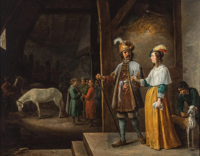 En dam och en herre som går in i ett stall - David Teniers den yngre