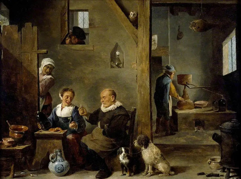 En destilleri med en äldre man som köper gin av en kvinna - David Teniers den yngre