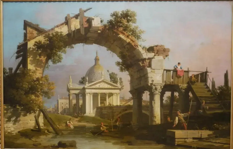 En kyrka med kupolformad takvy sett genom en ruinad båge - Canaletto