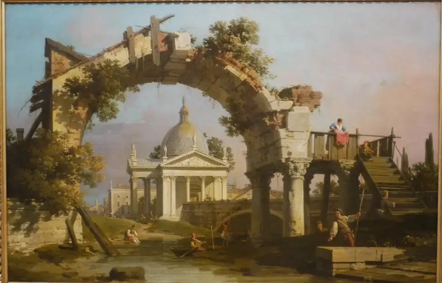 En kyrka med kupolformad takvy sett genom en ruinad båge - Canaletto