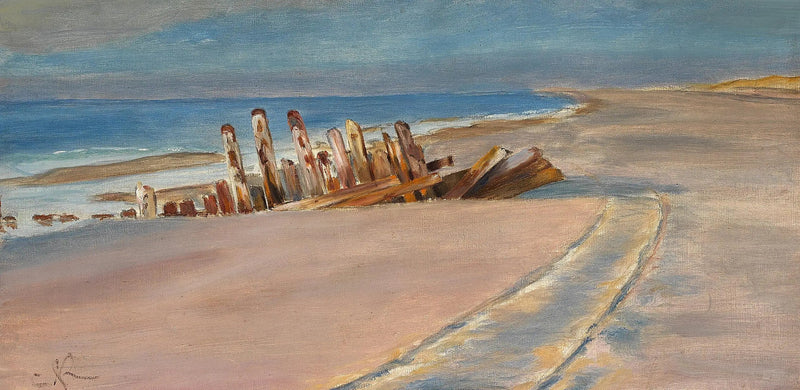 Ett skeppsvrak på den norra stranden av Skagen. Djupa hjulspår i sanden. - Peder Severin Krøyer