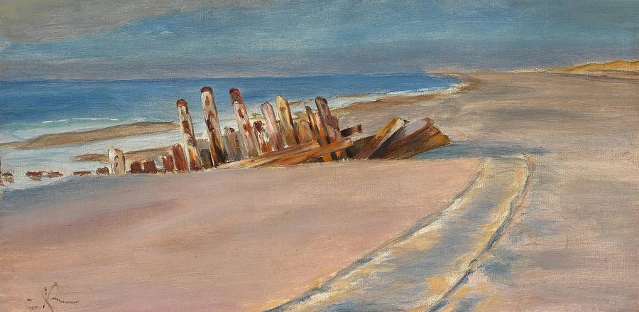 Ett skeppsvrak på den norra stranden av Skagen. Djupa hjulspår i sanden. - Peder Severin Krøyer