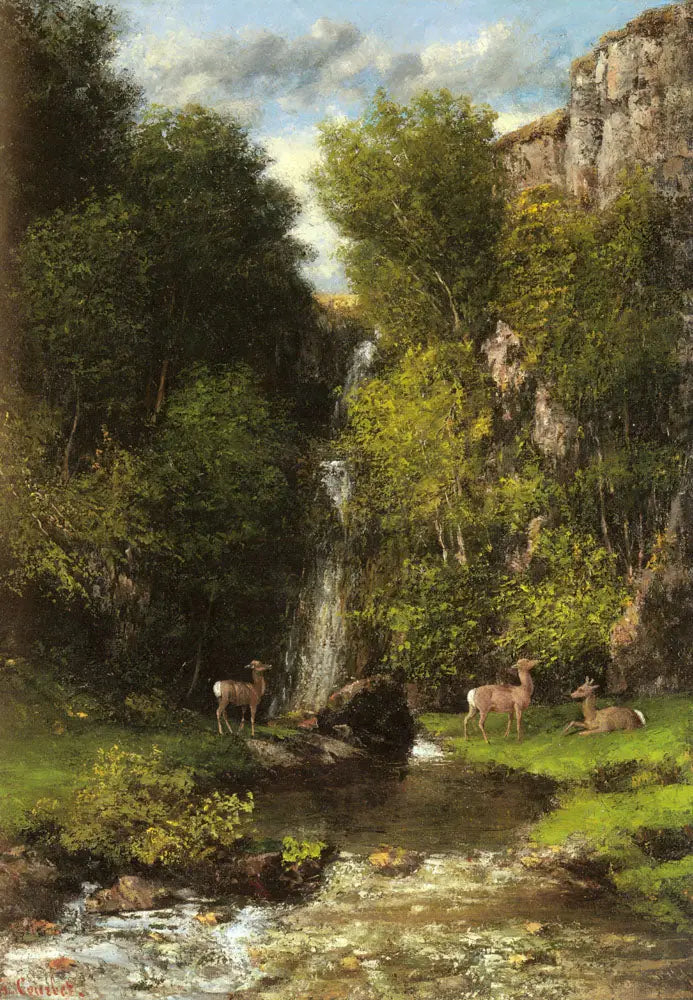 En familj av rådjur i ett landskap med ett vattenfall - Gustave Courbet
