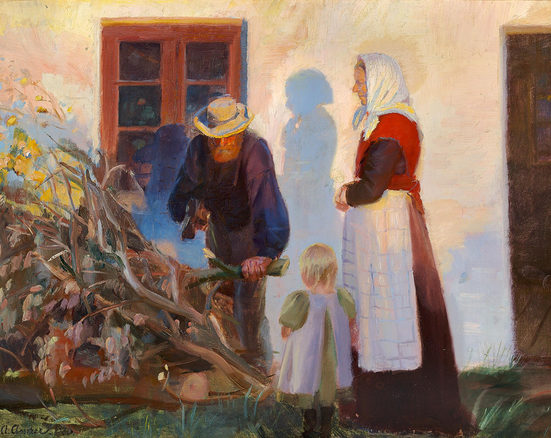 En familj från Skagen klipper grenar framför ett hus. - Anna Ancher