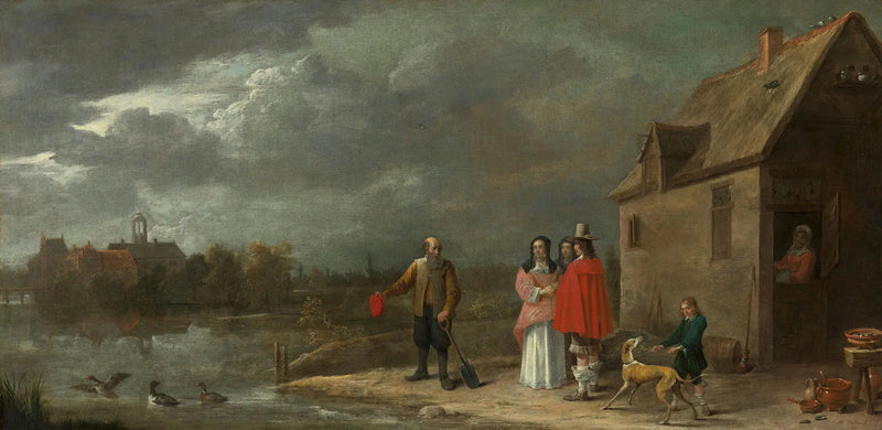 En familj stående i ett landskap med ett hus omgivet av vallgravar i bakgrunden - David Teniers den yngre