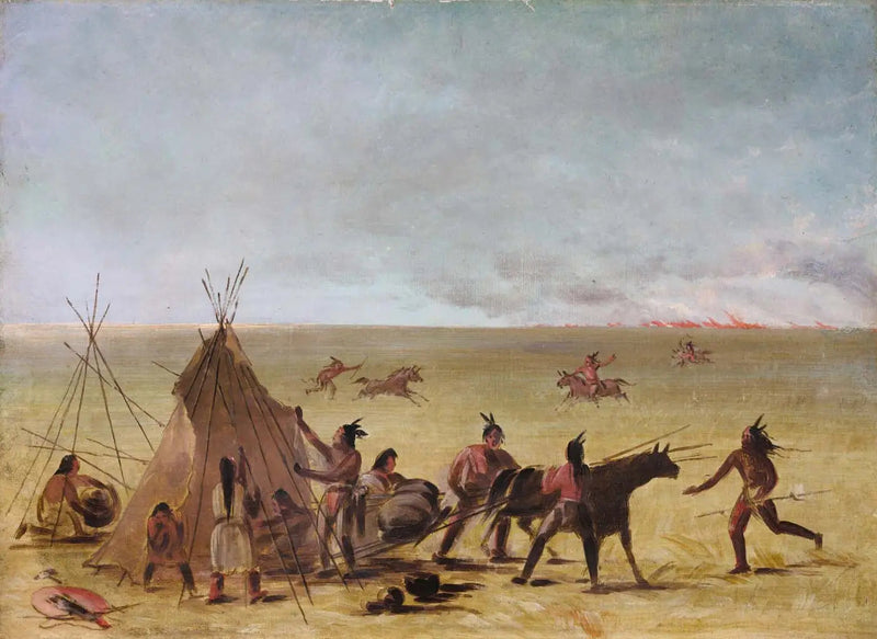 En indisk familj oroade över närmandet av en brand på prärien - George Catlin
