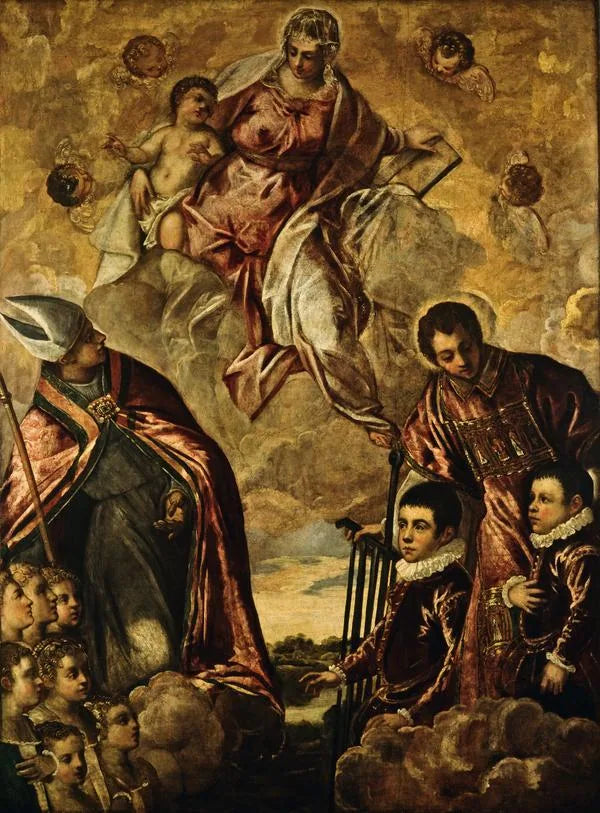 En venetiansk familj presenterad för Jungfrun av helige Laurent och en helig biskop - Jacopo Tintoretto