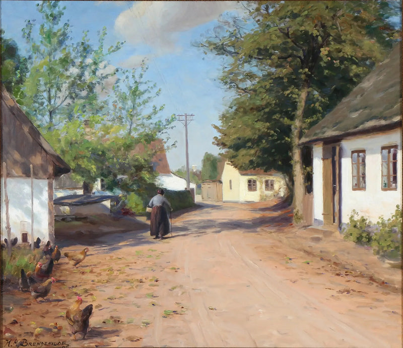 En äldre kvinna på en gata i en by - H. A. Brendekilde