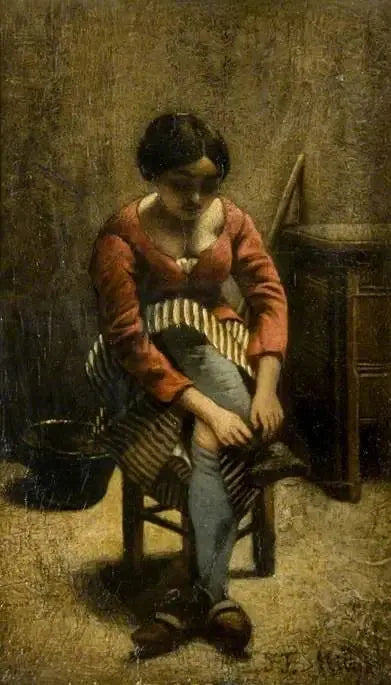En kvinna justerar sitt strumpa - Jean-François Millet