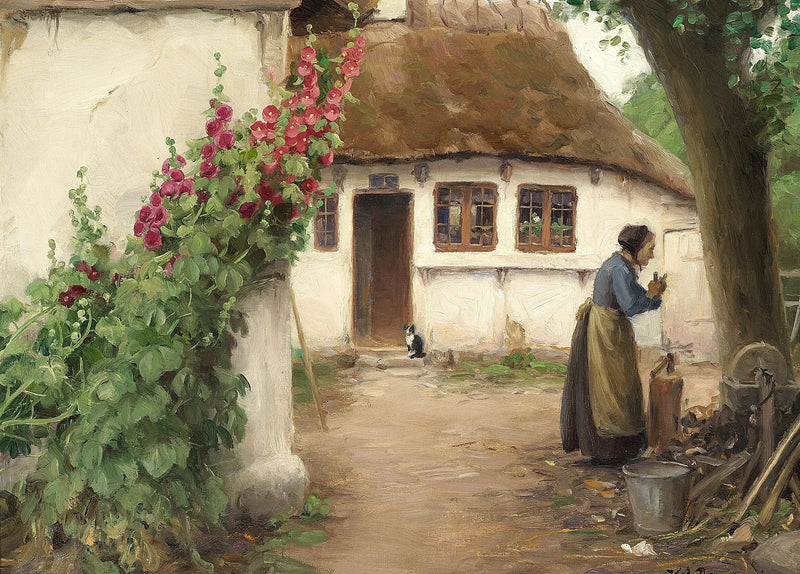 En kvinna på en gård med röda stockrosor. - H. A. Brendekilde