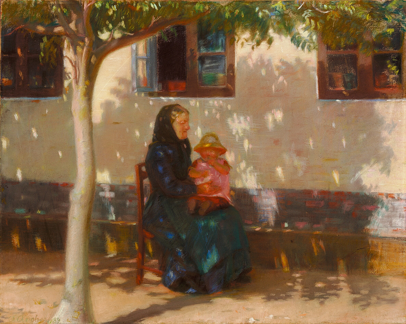 En kvinna från Skagen sittande med bebisen Helga Ancher framför ett vitt hus. - Anna Ancher