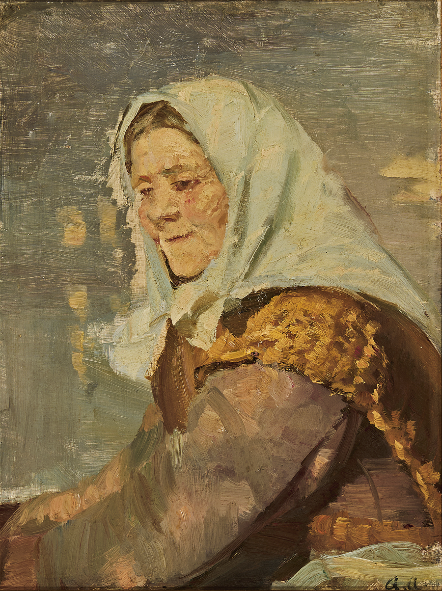 En kvinna från Skagen bär en vit scarf. - Anna Ancher