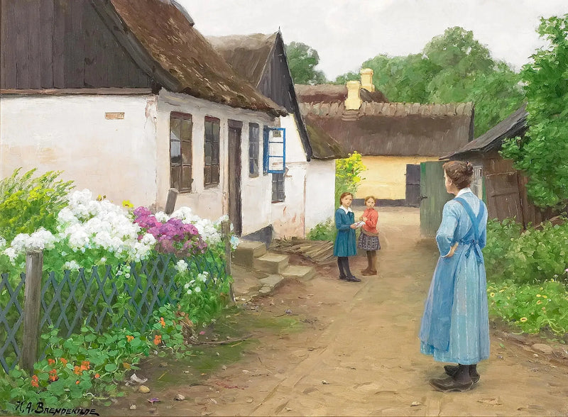 En kvinna och några barn i en liten gata i en by. - H. A. Brendekilde