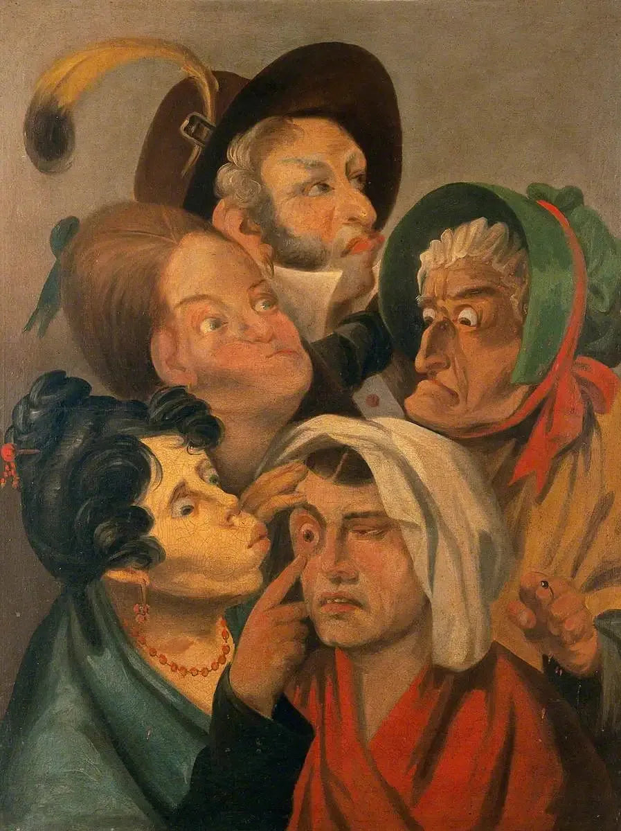 En kvinna undersöker den smärtsamma ögat hos en annan kvinna, medan en man och andra kvinnor står bredvid - Louis-Léopold Boilly