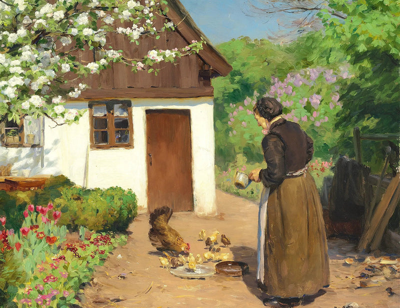 En kvinna matar höns framför ett vitt kalkstenshus en sommardag. - H. A. Brendekilde