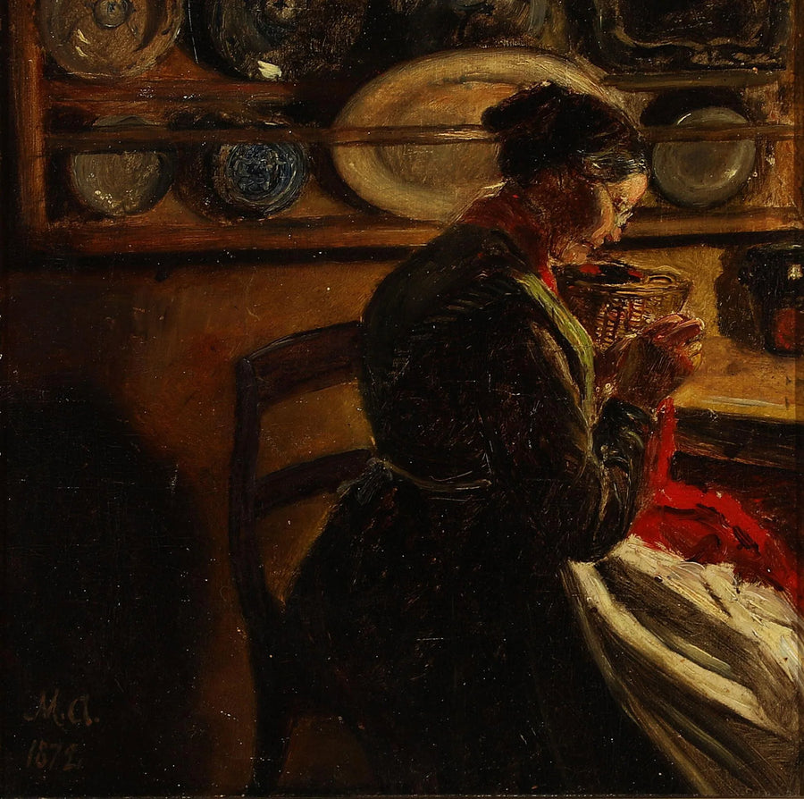 En kvinna som stickar i ett kök. - Michael Peter Ancher