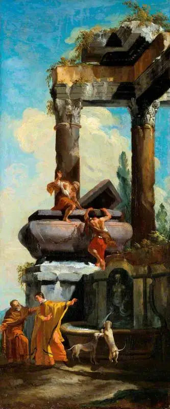 En fontän med klassiska ruiner - Giovanni Paolo Panini