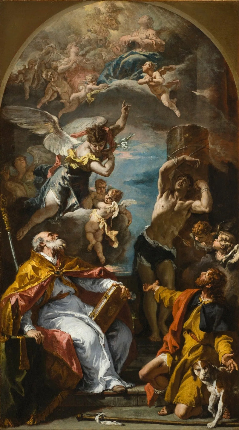 En Änglar av Jungfru Maria med ärkeängeln Gabriel och helgonen Eusèbe, Roch och Sébastien - Sebastiano Ricci