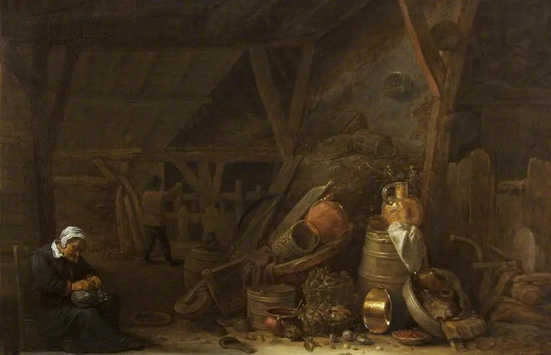 En lada med ett stilleben av köksredskap och en sovande kock - David Teniers den yngre