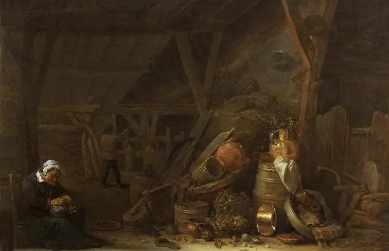 En lada med ett stilleben av köksredskap och en sovande kock - David Teniers den yngre