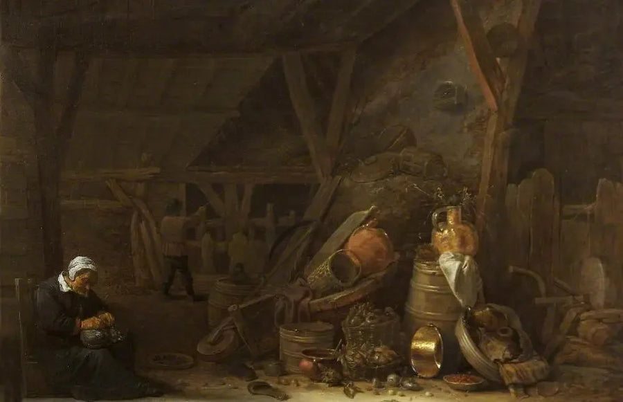 En lada med ett stilleben av köksredskap och en sovande kock - David Teniers den yngre