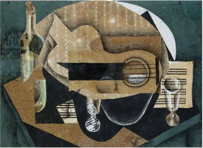 En gitarr, glas och en flaska - Juan Gris