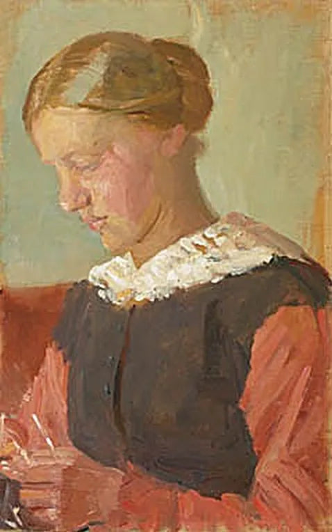 En ung kvinna som sitter, håret uppsatt. - Anna Ancher